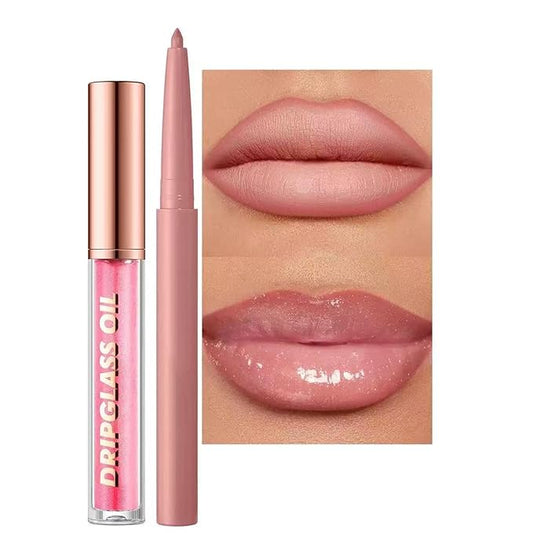 Hyesamyo Pink Lip Gloss Lip Liner Set, Lip kit with Lip Oil Lip Liner, Lip Plumer Gloss lip liner Pencil Pluming Waterproof Long Lasting Smudgeproof (01# light pink)