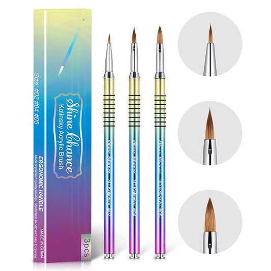 Shine Chance 3Pcs Acrylic Nail Brushes Set Size 2 4 5, Kolinsky Hair Acrylic Nail Art Brush, Art Design & Polish Mistake Cleaning Manicure Tools for Women Acrylics Application, Gradient