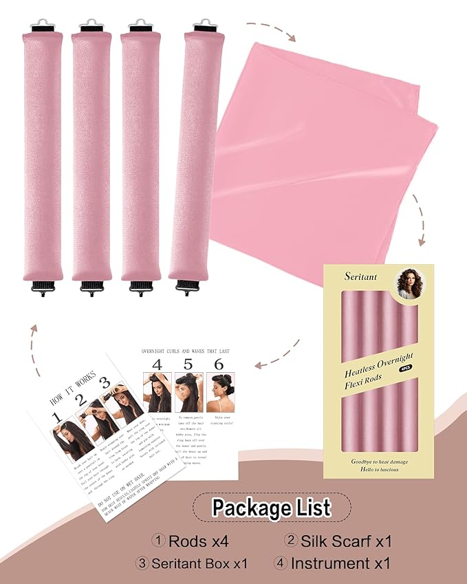 Heatless Curls Overnight Hair Curler - 4 Pcs Curling Rod to Sleep In, Velvet Hair Rollers with Satin Hair Scarf