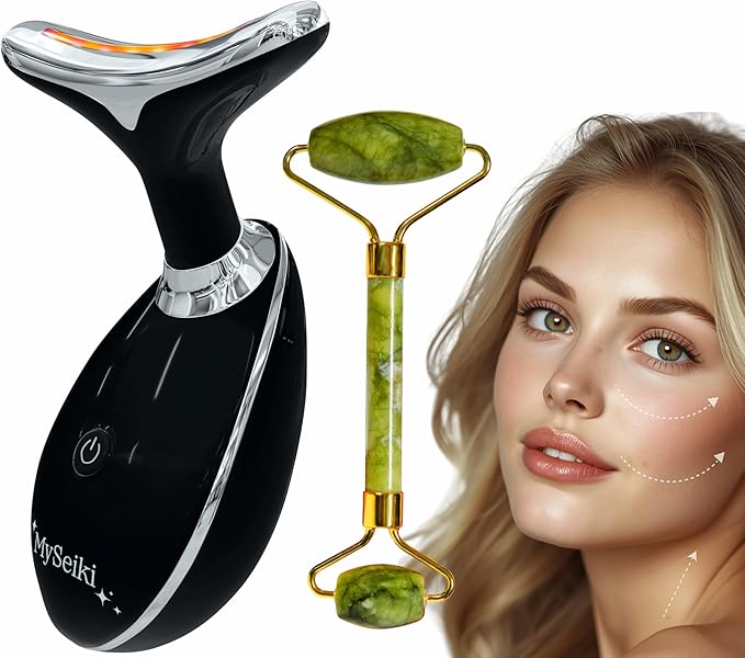 7 LED Light Beauty Tool – Face and Neck Massager with Jade Roller, Case, Black