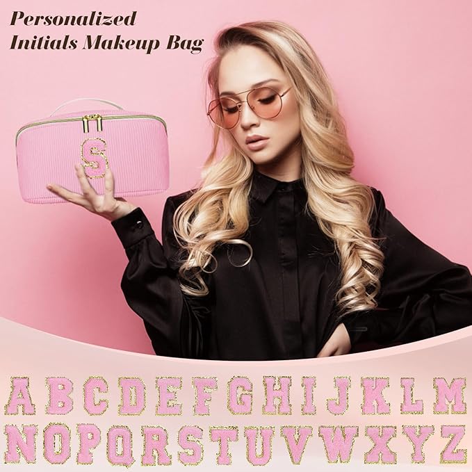 Personalized Initial Makeup Bag, Valentine's Day Gifts for Girls,Preppy Bag Cosmetic Travel Bag Women,Travel Toiletry Organizer,Large Capacity Corduroy Stuff Bag,Cute Cosmetic Pouch Skincare Bag