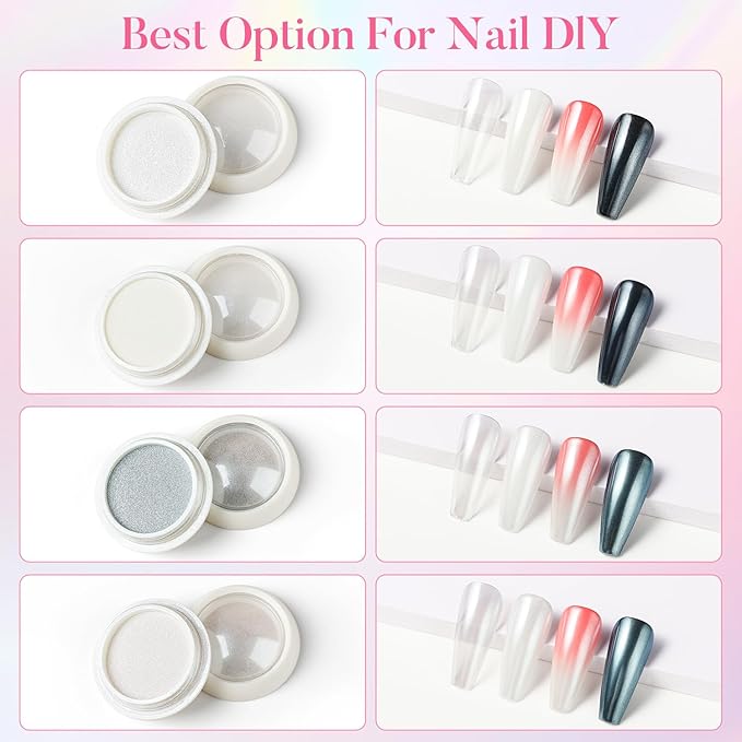 AIMEILI Pearl Chrome Nail Powder, Vegan, Cruelty Free, 4 Colors Aurora Metallic Holographic Mirror Effect Nail Art Pigment Iridescent Shell Glitter Nail Art