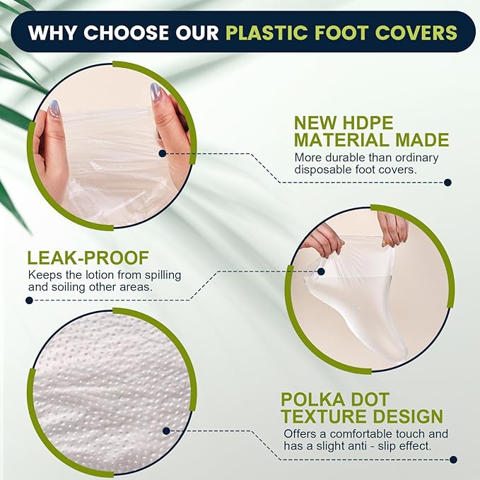 TEAWOO 200PCS Plastic Foot Covers for Feet, Leak-Proof Plastic Foot Masks for Moisturizing Feet, Pedicure & Foot Care, 200 Stickers for Snug Closure Included (Fits up to USA 9)