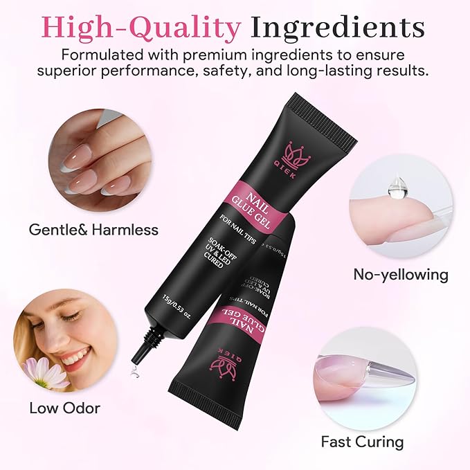 QIEK Nail Tips Gel Glue 15g - Lamp Curing Solid Nail Glue for False Acrylic Nails, Crystal Clear Long Lasting 28 Days No Yellowing Salon Quality DIY Home Beginner-friendly