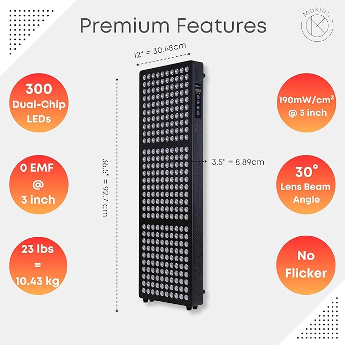 Makiuri Red Light Therapy Lamp | LED Light Therapy Panel for Face & Body | Infrared & Red Light in 5 Wavelengths | Supports Relaxation, Skin Appearance & Overall Wellness | Neptune (Black 300 LED)
