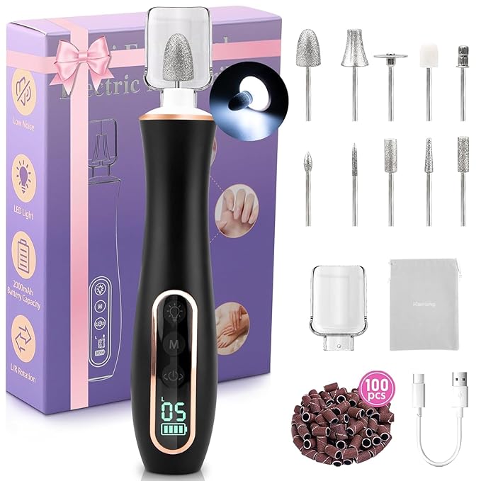 2 Pack 10-in-1 Electric Nail Drill with 100 Sanding Bands – Professional Manicure & Pedicure Kit, Black