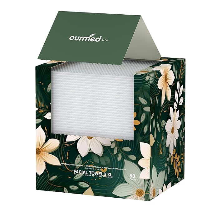 Ourmed Life Disposable Face Towels, Clean Facial Wash Cloth without Lint, Biodegradable Cleansing Dry Wipes, Skincare and Makeup Remover Towels for Sensitive Skin (Unscented, 50 Count, Pack of 1)