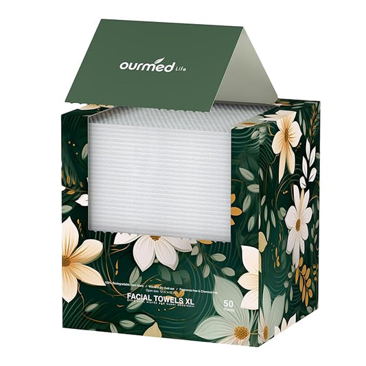 Ourmed Life Disposable Face Towels, Clean Facial Wash Cloth without Lint, Biodegradable Cleansing Dry Wipes, Skincare and Makeup Remover Towels for Sensitive Skin (Unscented, 50 Count, Pack of 1)