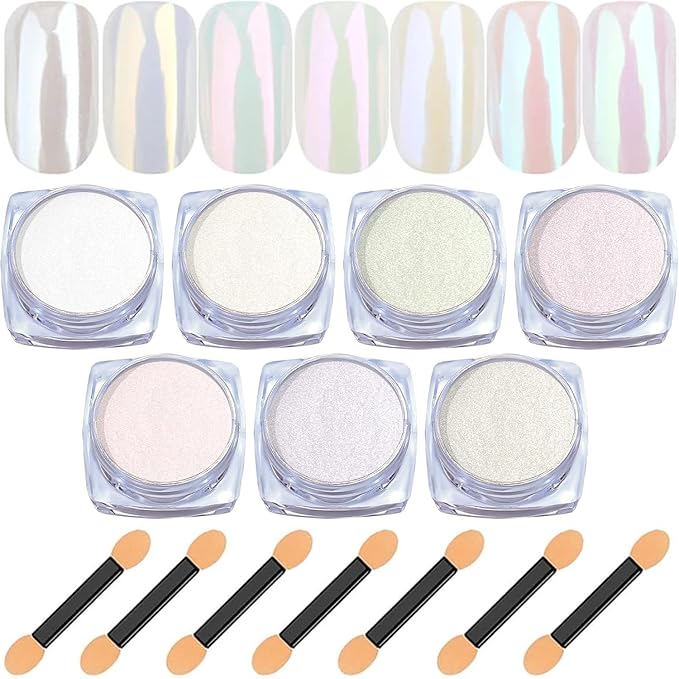 BISHENGYF White Pearl Chrome Nail Powder: 7 Colors Iridescent Aurora Chrome Powder Pearl Mirror Effect Glitter Powder Pearlescent Ice Transparent Mermaid Pigment Dust for Nail Art Decoration