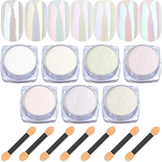 BISHENGYF White Pearl Chrome Nail Powder: 7 Colors Iridescent Aurora Chrome Powder Pearl Mirror Effect Glitter Powder Pearlescent Ice Transparent Mermaid Pigment Dust for Nail Art Decoration