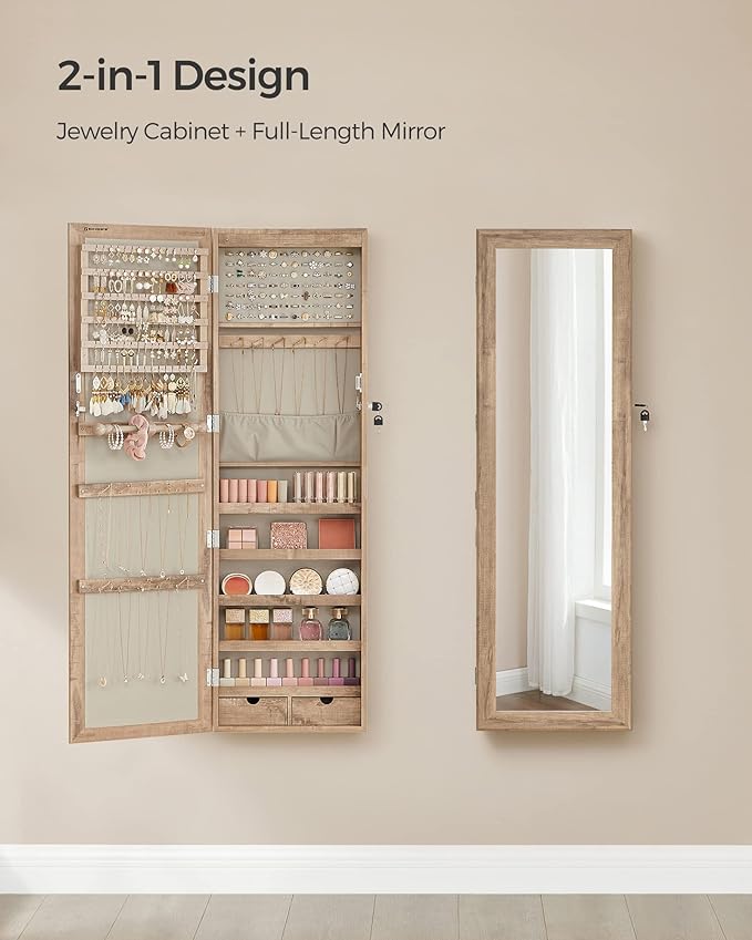 SONGMICS 6 LEDs Mirror Jewelry Cabinet, 47.2-Inch Tall Lockable Wall or Door Mounted Jewelry Armoire Organizer with Mirror, 2 Drawers, 3.9 x 14.6 x 47.2 Inches, Toasted Oak Color UJJC093N01