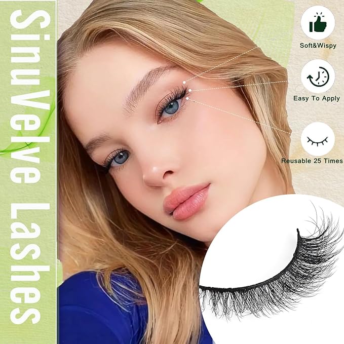 SinuVelve Strip Fake Lashes Pack 7 Pairs Natural Look Flexible Cotton Band Wispy Mink Lashes Wispy False Eyelashes13mm Natural Look D Curl Soft Lash Strips,Cat Eye Lashes Reusable 25 Times By Hiklasy