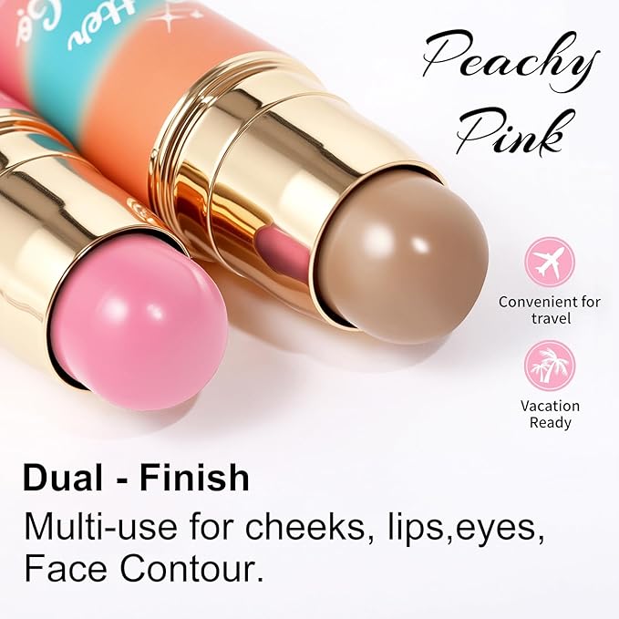 Dual-Ended Blush and Bronzer Stick – 2-in-1 Creamy Face Cheeks Contour Makeup, Smooth Hydrating Formula, Buildable Color for Natural Radiant Glow Beauty For Women (Peachy Pink)