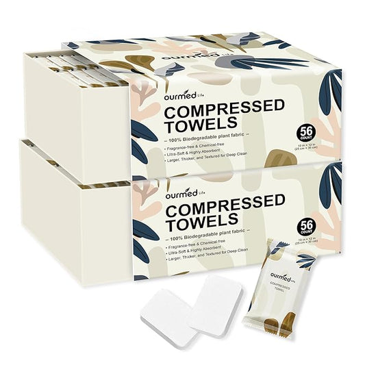 Ourmed Life Compressed Towel Tablets – Portable, Individually Wrapped Disposable Face Towels, Quickly Expand with Water, Soft & Lint-Free, 12‘’x10‘’ for Travel, Camping, Hiking, Backpacking (112 Ct)