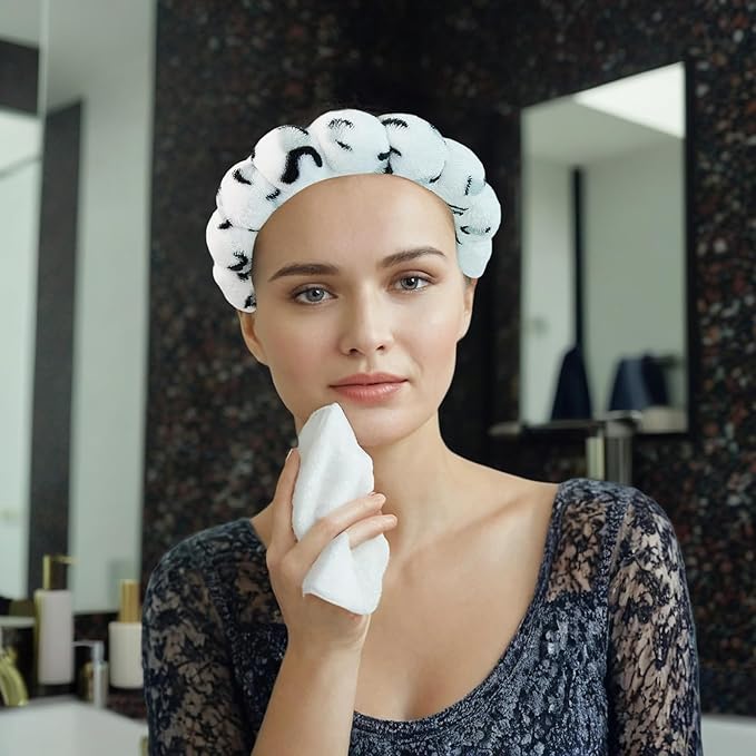 Yaqulen 7 Pcs Spa Set, Facial Headband and Wristband Set, Skincare Accessories, College Style Girl Idea Gifts, Hair Accessories for Women and Girls（ Black White Leopard Print ）