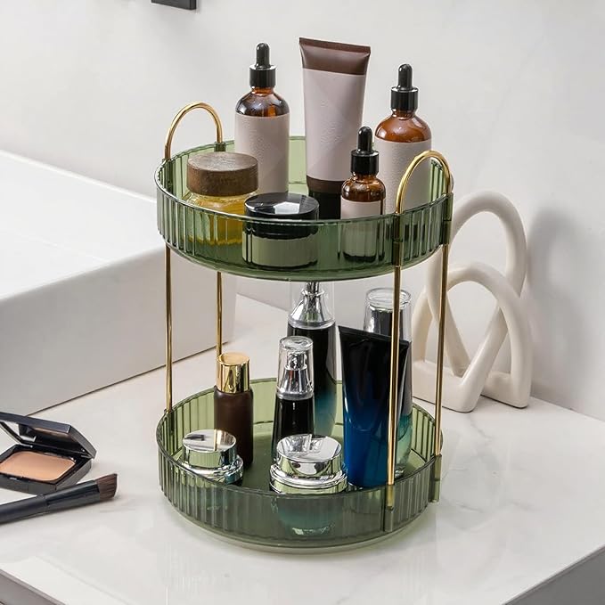 INVSSENE 360° Rotating Makeup Organizer, Bathroom Make Up Spinning Holder Rack, Large Capacity Cosmetics Storage Vanity Shelf Countertop, Fits Cosmetics, Perfume, Skincare, Lipsticks(2 Tiers, Green)