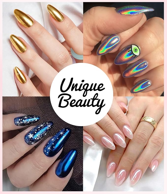 BISHENGYF Gold Chrome Nail Powder - Sparkly Laser Holographic Nail Powder Metallic Mirror Effect Ice Blue Nail Chrome POwder, White Pearl Pigment Holo Iridescent Glitter Dust Kit, Nail Art Decoration