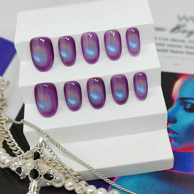 Cat Eye Press on Nails Handmade Short Oval/Square/Round False Nails with French Tip/Aurora/Magnetic Shimmer Designs (Rainbow Purple L)