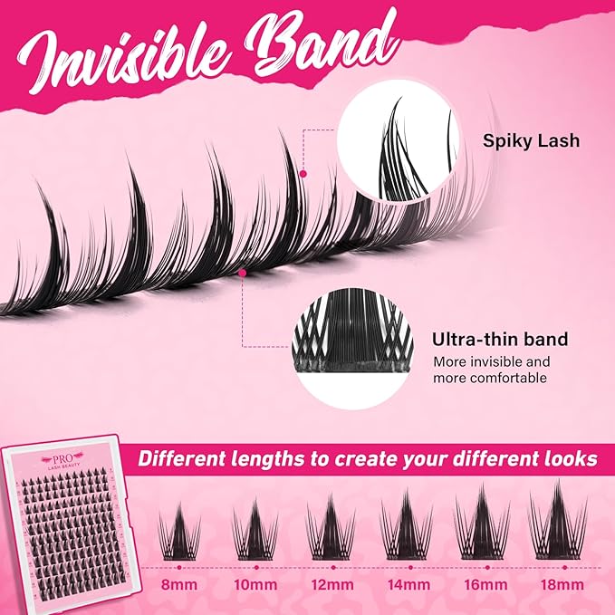 PROLASHBEAUTY Fairy Lash Clusters Kit Wispy Invisible Band Manga Lashes Individual Lashes Bond and Seal Remover Brush Eyelash Extension Kit Easy Removal (Mega Fairy, 8-18mix)