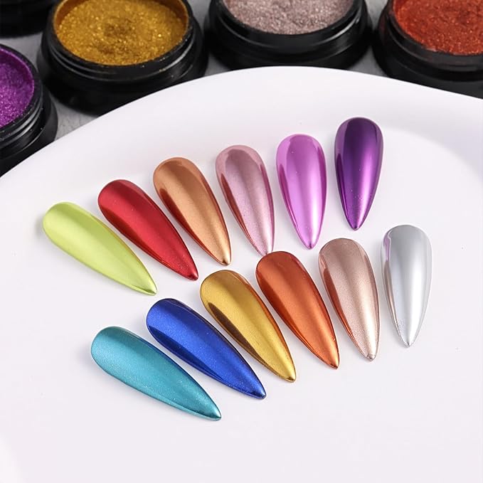 SUTOKAKA Chrome Nail Powder with Nail Glitter Set 12 Colors Gold Silver Copper Holographic Nail Powder Iridescent Metallic Mirror Crome Powder with Brushes for Chrome Gel Nail Decor