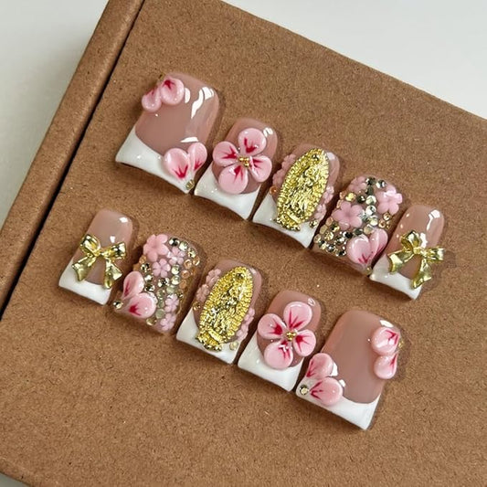 Press On Nails Handmade Short Duck Nails, Glossy Art Designs Reusable Acrylic Artificial Stick On Nails, 10 Pcs False Nails Set (Size L)