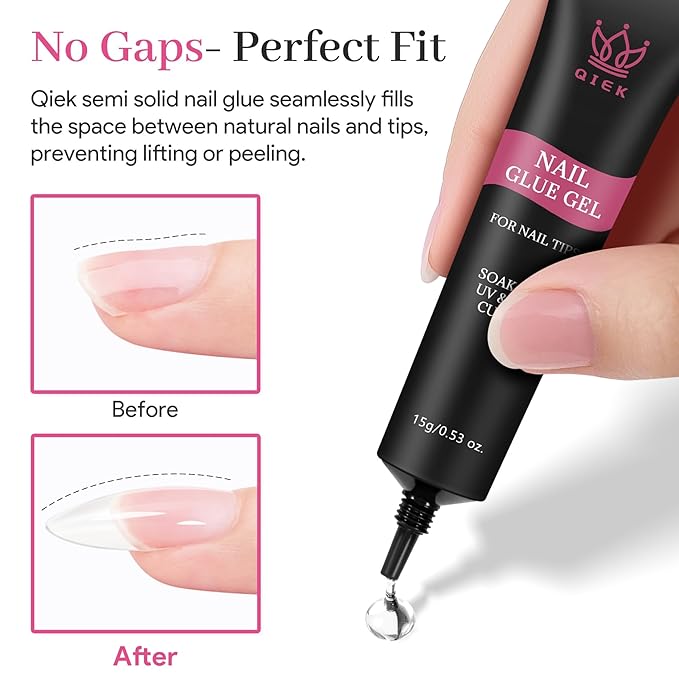 QIEK Nail Tips Gel Glue 15g - Lamp Curing Solid Nail Glue for False Acrylic Nails, Crystal Clear Long Lasting 28 Days No Yellowing Salon Quality DIY Home Beginner-friendly