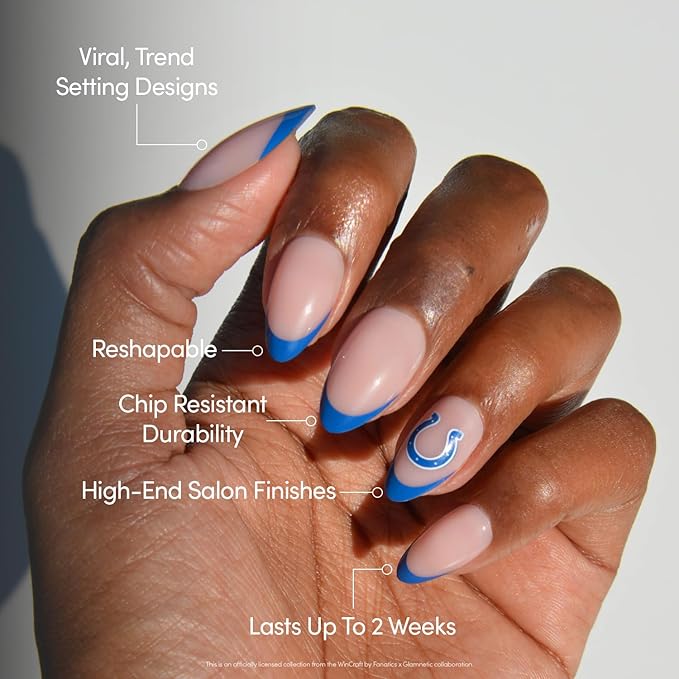 Glamnetic x Fanatics Press On Nails - Indianapolis Colts | Short Almond Fake Nails, NFL Colts Blue French Tips, Football Nails, Salon-Quality | 15 Sizes - 30 Nail Kit with Glue
