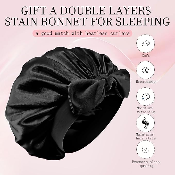Hroevc No Heat Overnight Curls with Double Layer Satin Bonnet - Soft Hair Curlers to Sleep In, heatless Curling Rods Set + Silk Bonnet for Women & Girls Long Hair, Heatless Waves & Volume (Black)