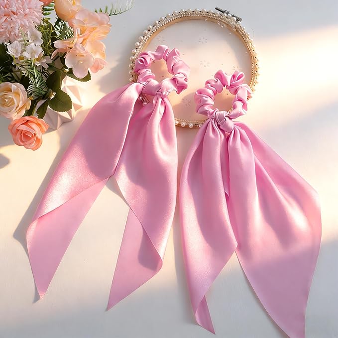 YALOJE 2PCS Scarf Scrunchies with Long Tails, Elastic Silky Satin Bow Hair Ties for Women, Ribbon Hair Scarf Scrunchy, Ponytail Holders Hairstyling Decoration for Women -Pink