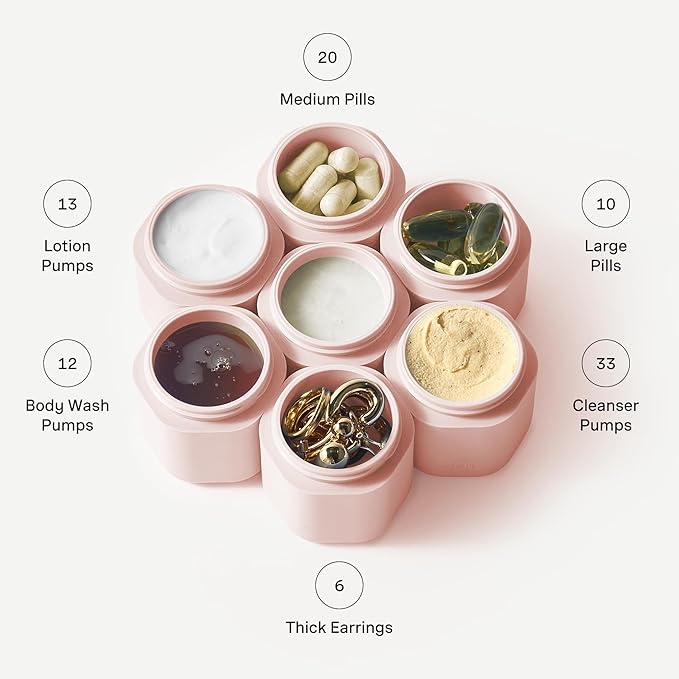Cadence Travel Containers Haircare Capsule Set - Magnetic Containers with Lids,Carry On Travel Essentials For Women/Men - 3 Flex Mediums (1.32oz) - Shampoo, Conditioner & Comb Icon Labels - Petal