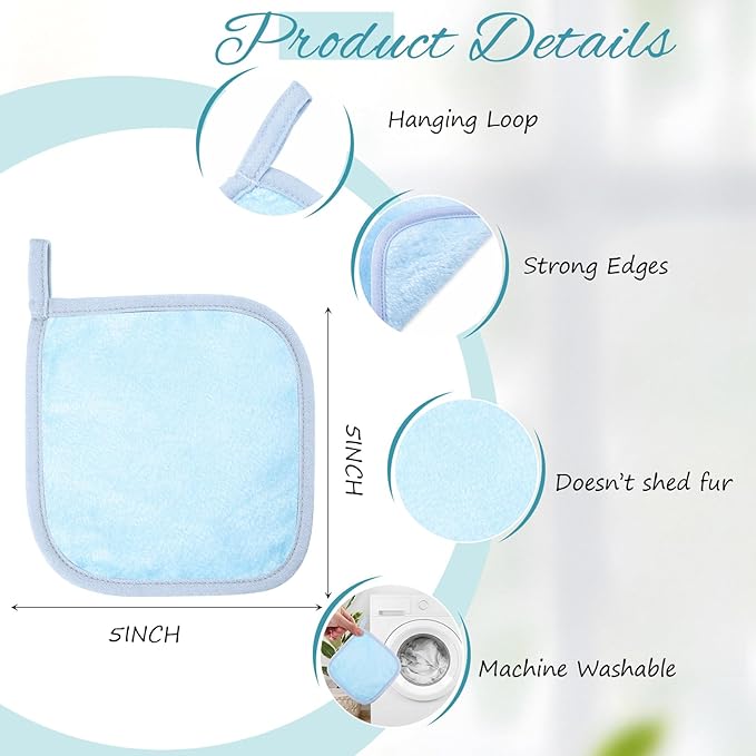 VitalCozy 10 Pack Makeup Remover Cloths, Makeup Remover Towels Reusable Face Cloth Eraser for Washing Face Microfiber Washcloth for Women Cleansing Just Water with Mesh Bag(Blue Colors)