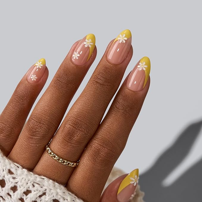 BTArtbox French Tip Press On Nails - Lamp-Curable Short Almond Press On Nails with Glue for Women, Semi-Transparent Soft Gel Glue On Nails in 16 Sizes - 32 Stick On Nails Kit, Daisy