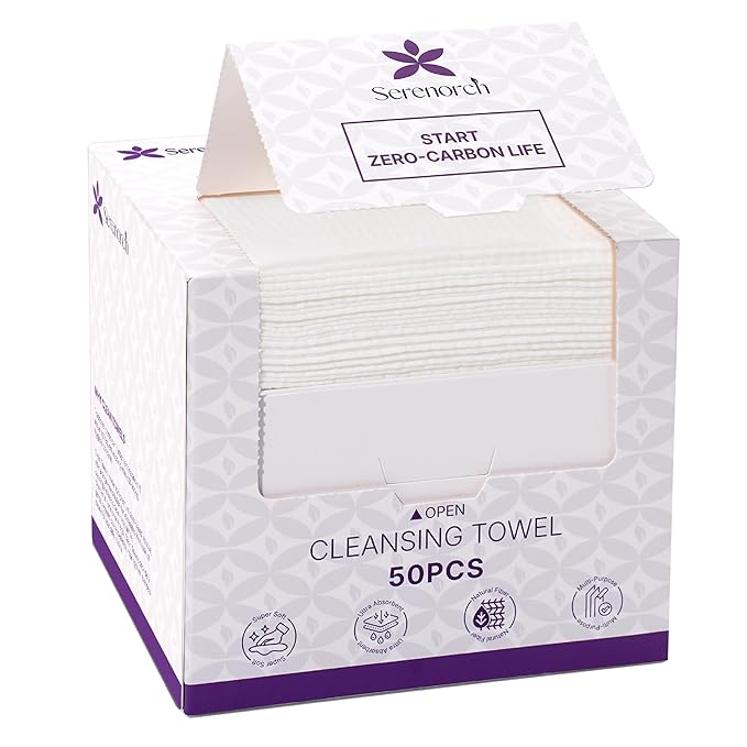 Serenorch Disposable Face Towels, 10" x 12", Ultra Thick Face Towelettes for Sensitive Skin, Extra Soft Makeup Remover Dry Wipes, 50 Count