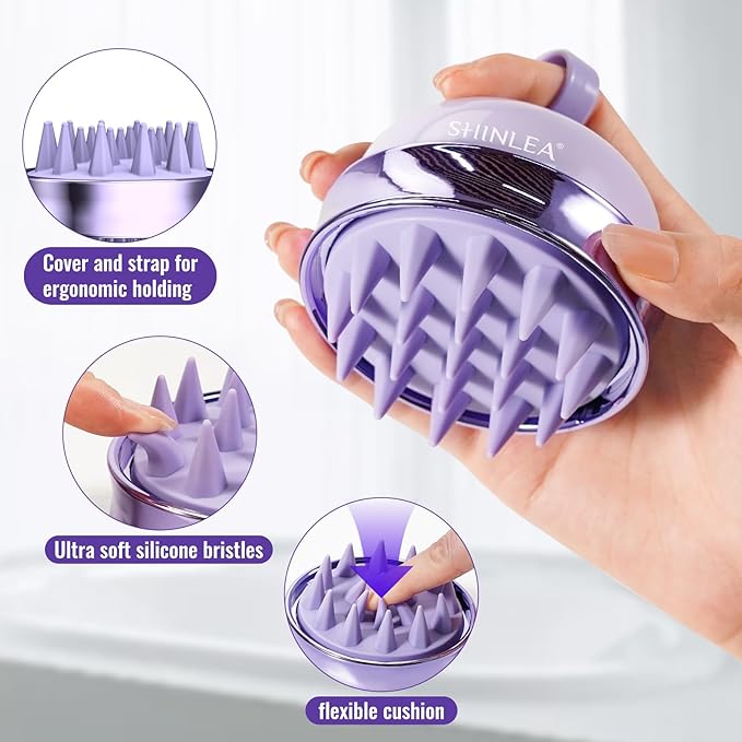 SHINLEA 2 in 1 Scalp Massager Hair Growth,Scalp Scrubber with Soft Silicone Bristles for Dandruff Removal,Shampoo Brush for Exfoliation,Head Massager for Both Wet and Dry Use (Purple) ﻿