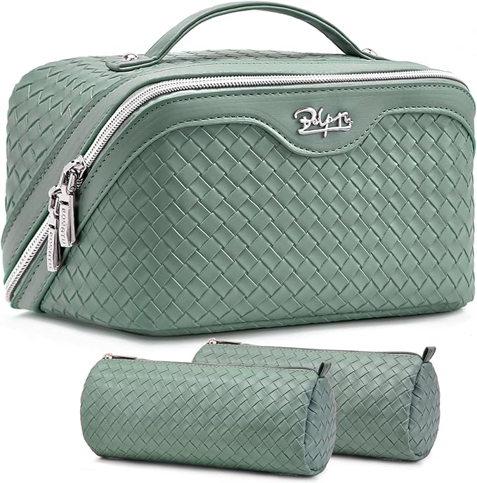 BOYATU Travel Makeup Bag Cosmetic Bags for Women: Large Capacity 3 Pcs Set Make up Bag with Compartments - Waterproof Vegan Leather Toiletry Organizer Bags with Handle (L36 Grass Green)