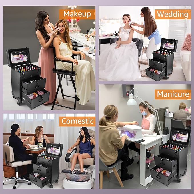 Yokilly Rolling Makeup Train Case, Professional Cosmetology Case on Wheels, Aluminum Cosmetic Trolley Travelling Cart Trunk with Swivel Wheels, Sliding Drawer & Keys for Nail Technician Stylist(Black)