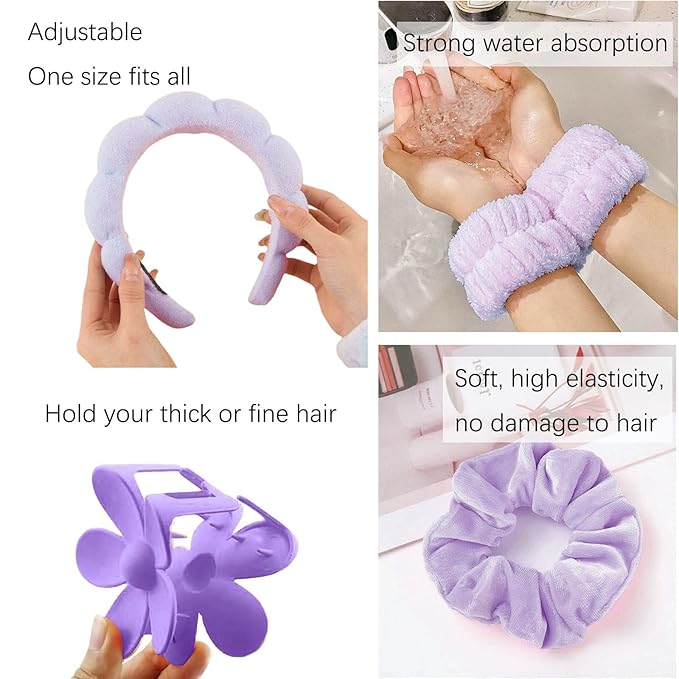 BluOcnMkt 6PCS Spa Headband Set Purple Skincare Makeup Sponge Headbands for Women, Large Flower Hair Clip, Velvet Neon Scrunchies