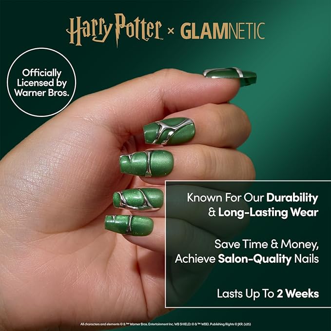 Glamnetic Press On Nails x Harry Potter™ - Salazar Slytherin™ | Medium Coffin Fake Nails with 3D Silver Design & Velvet Finish, Salon Quality Officially Licensed | 15 Sizes - 30 Nail Kit with Glue