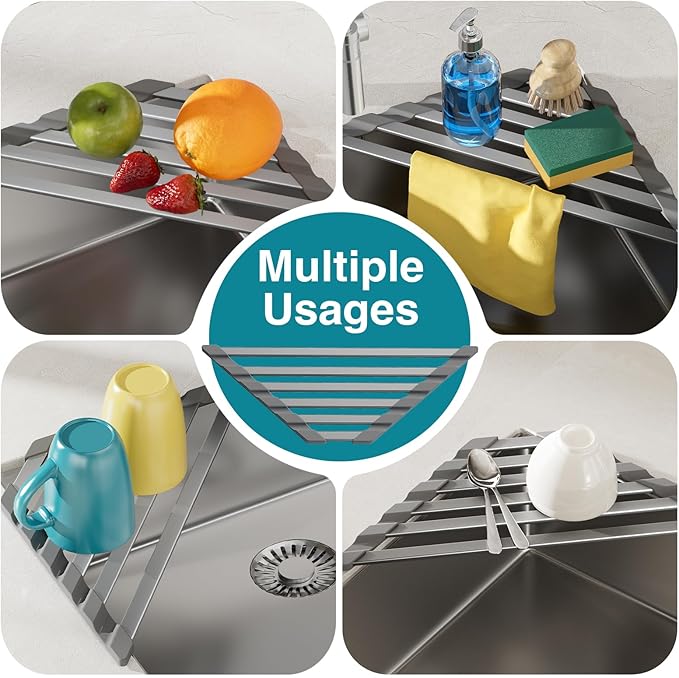 Triangular Dish Drying Rack, Sponge Holder for Kitchen Sink Multipurpose Over The Sink Aluminum Draining Rack Non-Slip, Easy to Clean and Space Saving, Triangular 16 x 9.5inch Matte Grey