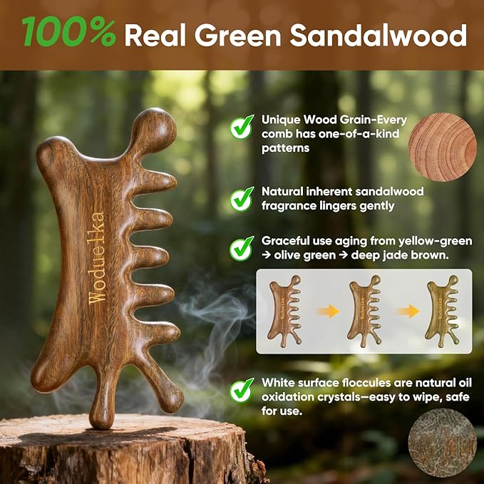6-in-1 Gua Sha Tool for Face & Body – Green Sandalwood Massage Comb, Lymphatic Drainage, Wooden Scalp Massager, Jaw Lifting & Nose Sculpting, Head Massage Comb for Stress Relief