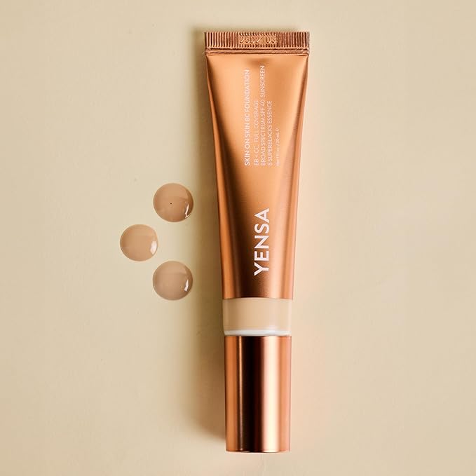 YENSA Skin on Skin BC Foundation Makeup - CC, BB Cream & Full Coverage Foundation-In-One - Buildable, Radiant Finish with SPF 40, Hyaluronic Acid, Peptides & 8 SuperBlacks - Tan Warm (1 oz)