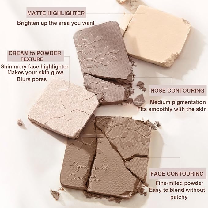 Face Highlighter Contour Shading Palette Sculpting Long-lasting Shimmer Pressed Powder Smooth Matte Finish Makeup for Warm Fair Toned Skin with Mirror