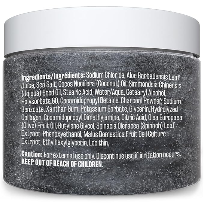 Exfoliating Charcoal Scrub with Collagen & Stem Cells – Salt Scrub for Body Toning, Cellulite, Armpit Detox, and Skin Smoothing for Face, Feet, and Body by M3 Naturals