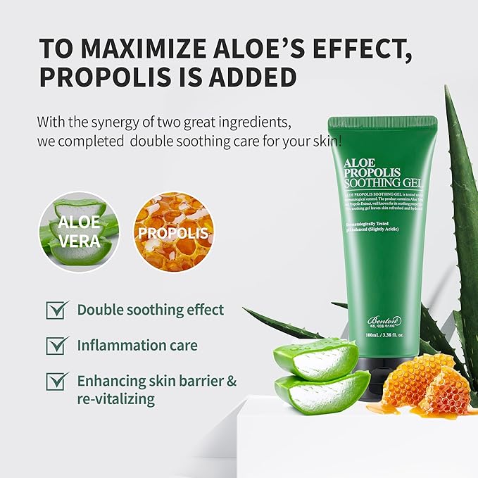 BENTON Aloe Propolis Soothing Gel, 3.38 fl oz – Lightweight After-Sun Moisturizer for Face, Travel-Friendly Size, Organic Aloe Vera