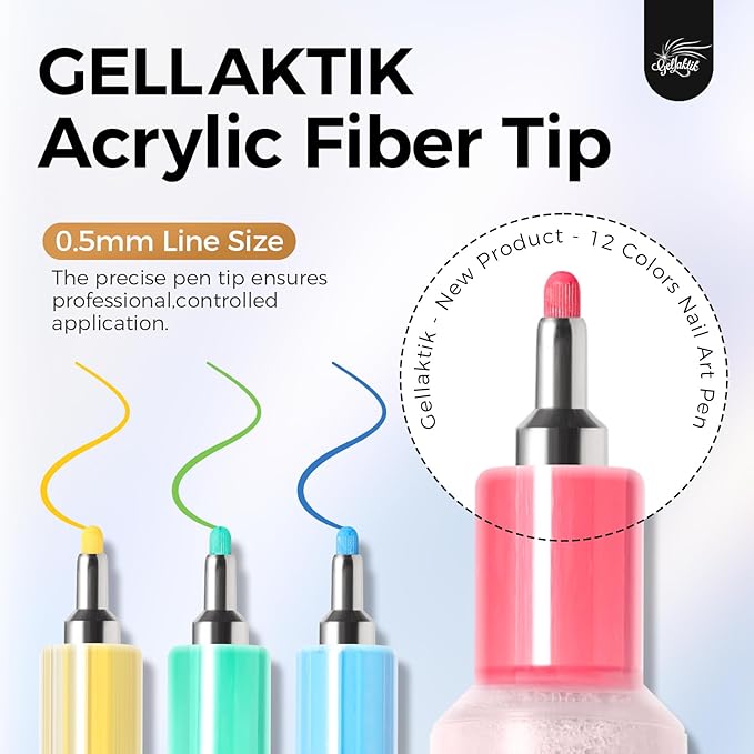 GELLAKTIK 12 Colors Nail Art Pens Set, 0.5mm Fine Tip Nail Art Markers Polish Pen for 3D Nail Art, Quick-Drying Acrylic Paint MarkerPen Drawing Painting Liner Brush for DIY Nail Art Manicure Tool