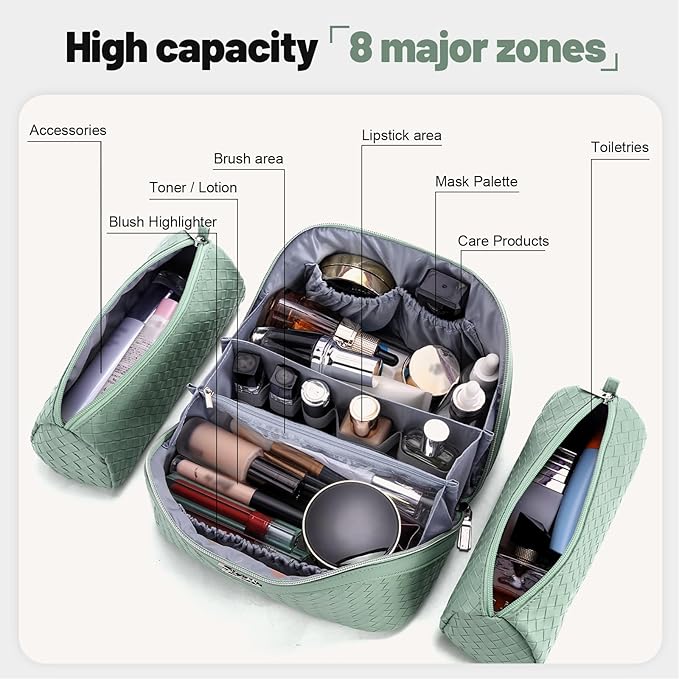 BOYATU Travel Makeup Bag Cosmetic Bags for Women: Large Capacity 3 Pcs Set Make up Bag with Compartments - Waterproof Vegan Leather Toiletry Organizer Bags with Handle (L36 Grass Green)