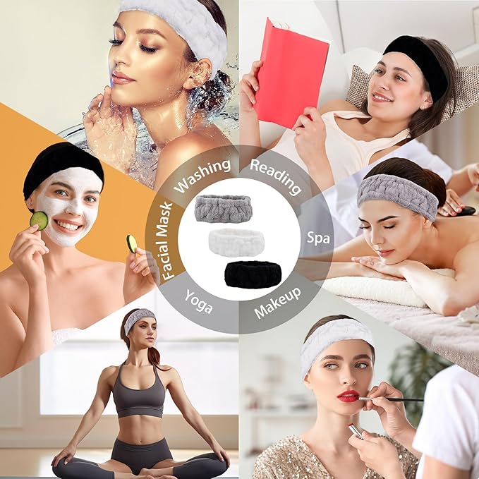 Pejnl Microfiber Spa Headband 3-Pack, Soft Terry Cloth Headband for Washing Face, Facial Mask, Makeup, Shower, Yoga, Gift for Women and Teens (Black+Light Gray+White)