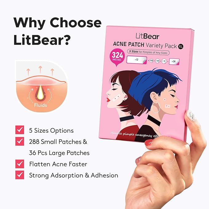 6、LitBear Large Pimple Patches, 5 Sizes 324 Patche Big Acne Patches, XL Hydrocolloid Bandages for Full Face, Forehead, Chin, Nose, Body, Back, Neck & Chest, Stirp, Square Large hydrocolloid Patch