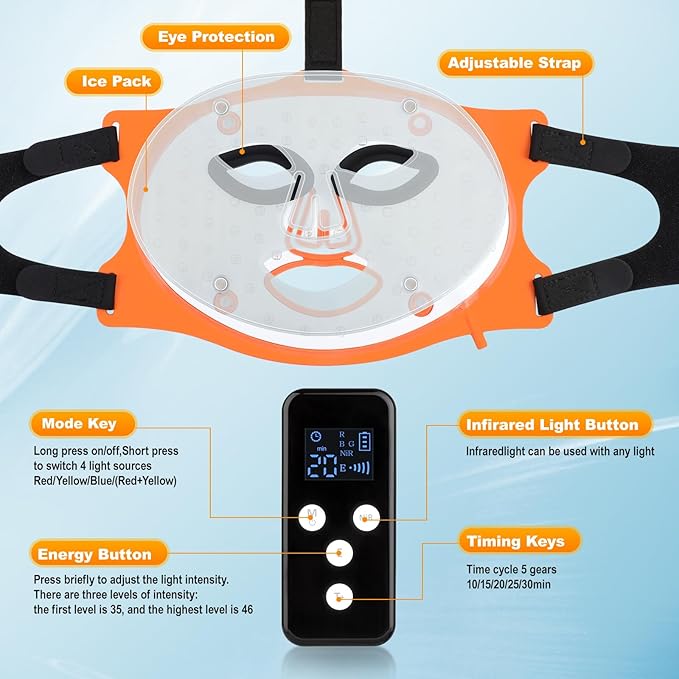 Red Light Therapy for Face Mask with Ice Compress, 850nm Infrared Red Light Therapy, 7+1 Light Modes Led Face Mask Light Therapy, Level 5 Timing, 3000mAh, Led Mask Light Therapy for Home, Orange
