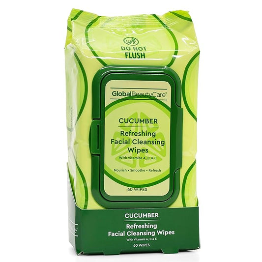 Global Beauty Care Refreshing Makeup Remover Wipes - Gentle Daily Facial Cleansing Wipes for Sensitive Skin, Cucumber Infused W/Vitamin A, C & E for Smooth Skin, Travel-Friendly, 60 Count (1-Pack)